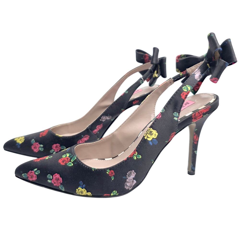 Betsey Johnson Sz 7 Black Floral Bow Pointed Toe Stiletto Pumps Heels Rockabilly